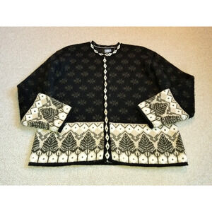 VINTAGE Womens Sweater-FROST-green/black/ivory Nordic wool snap cardigan ls-L